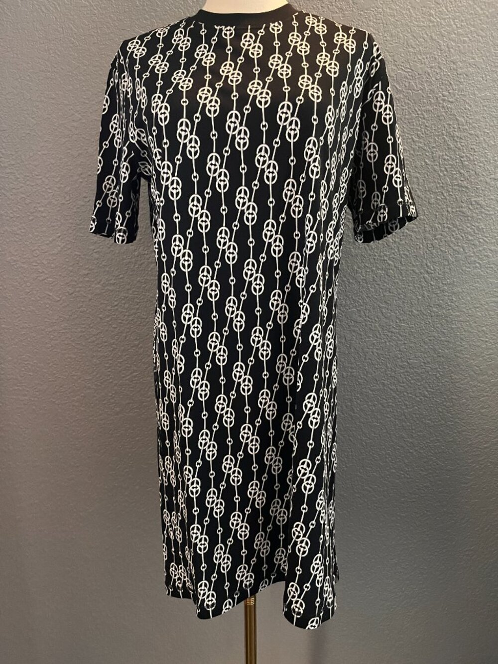 HERMES CLIQUETIS BLACK & WHITE CHAIN DESIGN T-SHIRT DRESS MADE IN FRANCE - EU 38